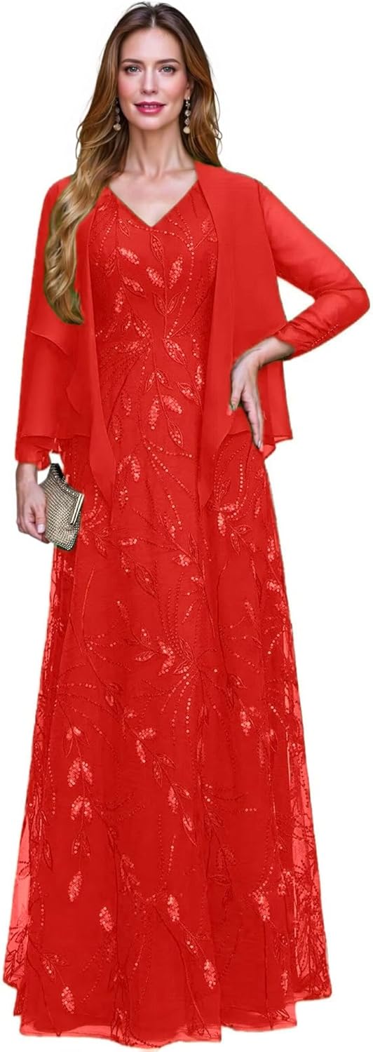 2 Piece Sequin Lace Mother of The Bride Dresses for Women with Jacket V Neck Long Formal Dresses Evening Gown