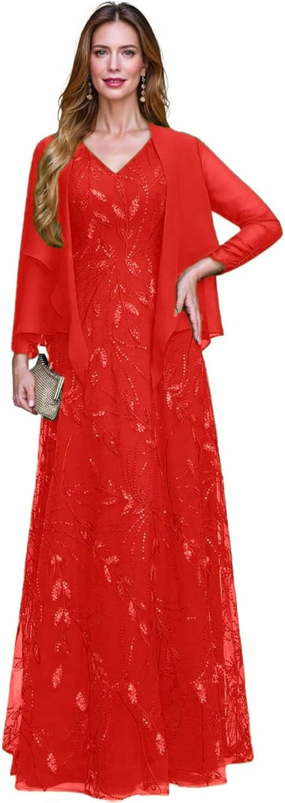 2 Piece Sequin Lace Mother of The Bride Dresses for Women with Jacket V Neck Long Formal Dresses Evening Gown