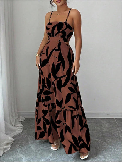 OYOANGLE Women's Cut Out Floral Print Tropical Maxi Cami Dress Ruffle Flowy Summer Vacation Spaghetti Strap Sundress