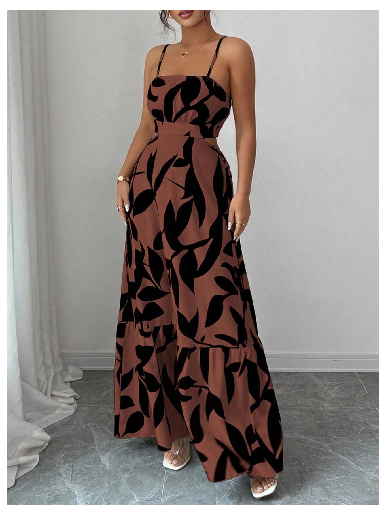 OYOANGLE Women's Cut Out Floral Print Tropical Maxi Cami Dress Ruffle Flowy Summer Vacation Spaghetti Strap Sundress