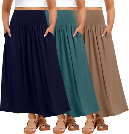 Ficerd 3 Pack Plus Size Maxi Skirts for Curvy Women Pockets Casual 2026 Boho Summer Flowy Long Skirt a Line High Waist Dress