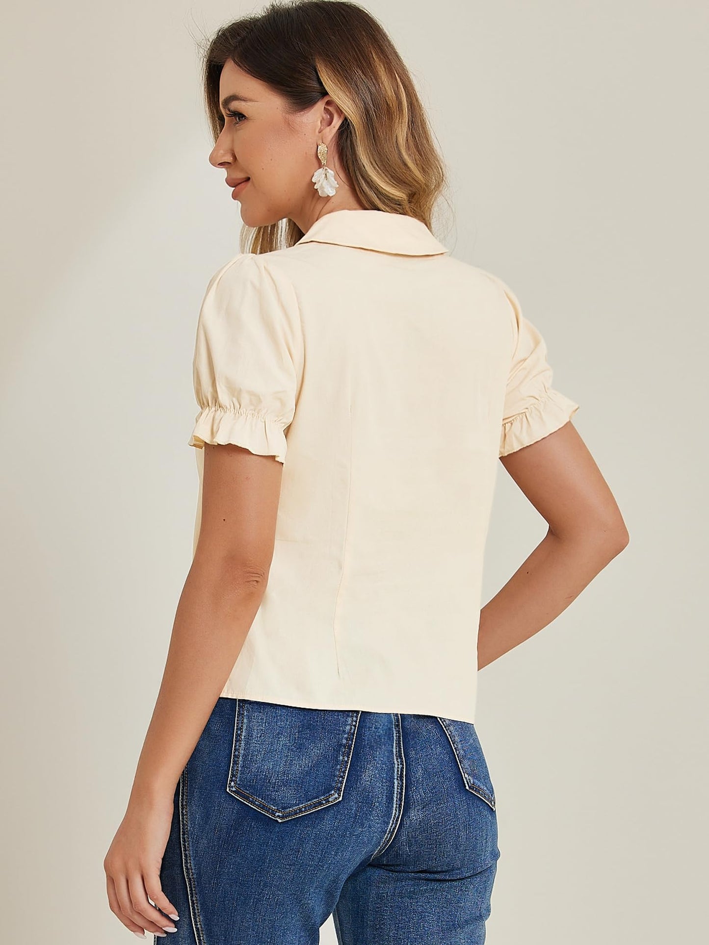 Allegra K Women's Vintage Peter Pan Collar Tie Neck Casual Cute Cotton Button-Up Shirt