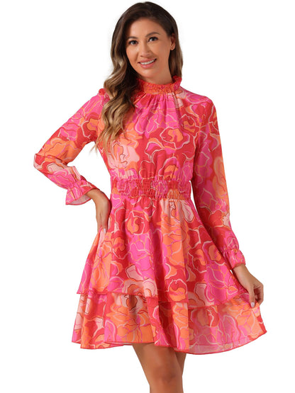 Allegra K Women's Floral Dress Chiffon Long Sleeve Mock Neck Ruffle Layered Smocked Mini Dresses