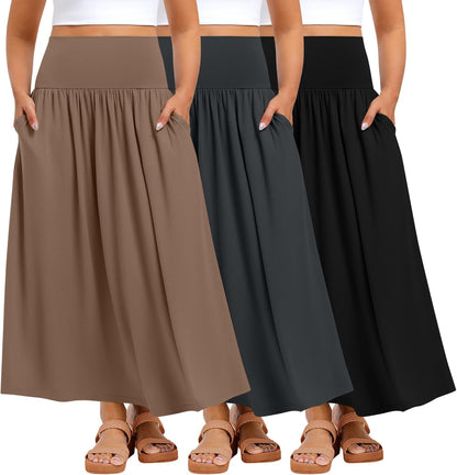 Ficerd 3 Pack Plus Size Maxi Skirts for Curvy Women Pockets Casual 2026 Boho Summer Flowy Long Skirt a Line High Waist Dress