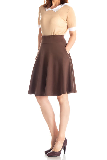 Dani's Choice High-Waisted Cotton Blend Skirt with Pockets - Knee Length A-line Flare for Business and Casual Wear