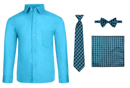 S.H. Churchill & Co. Boy's 4 Piece Dress Shirt Set with Long Tie, Bow Tie and Hanky