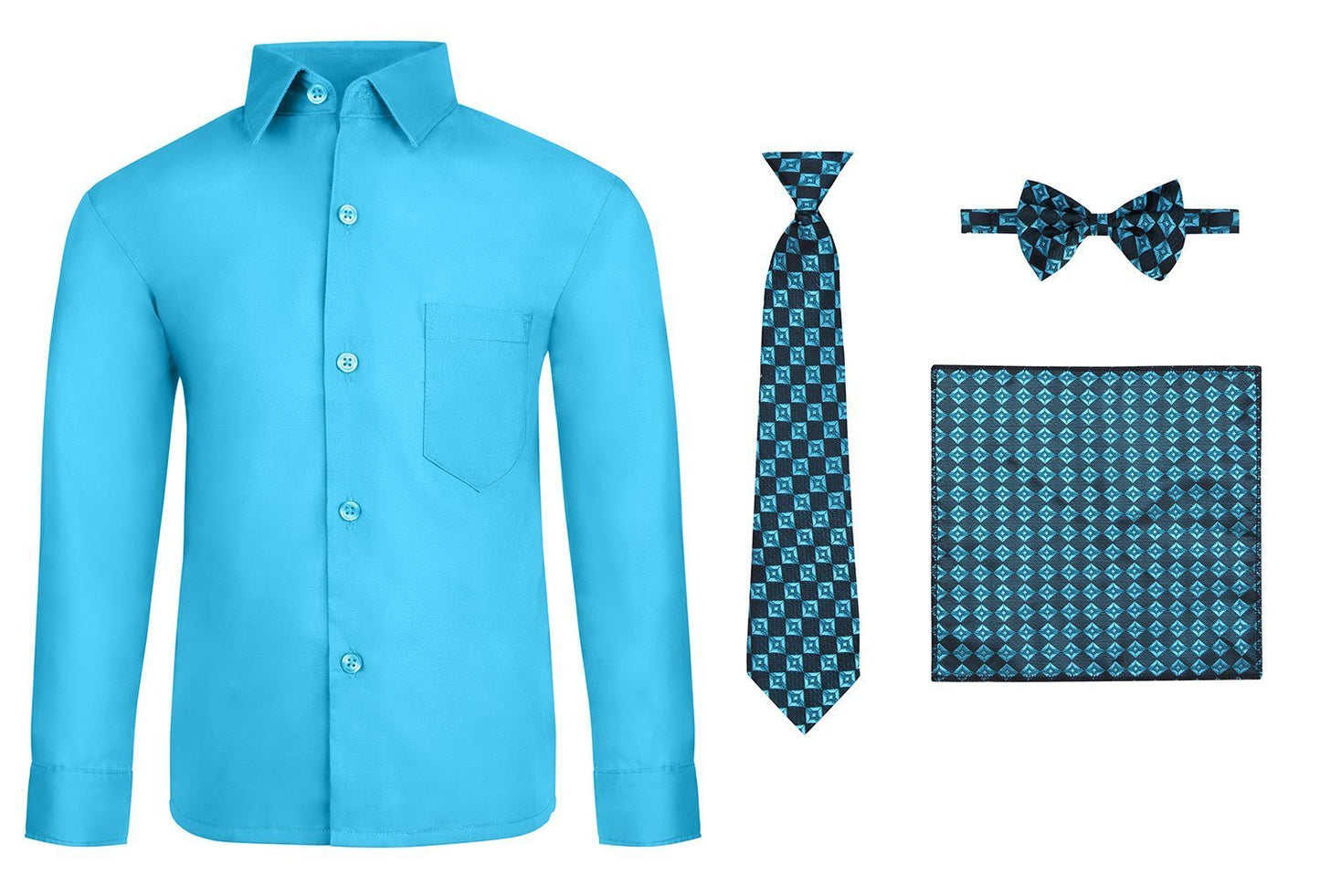 S.H. Churchill & Co. Boy's 4 Piece Dress Shirt Set with Long Tie, Bow Tie and Hanky