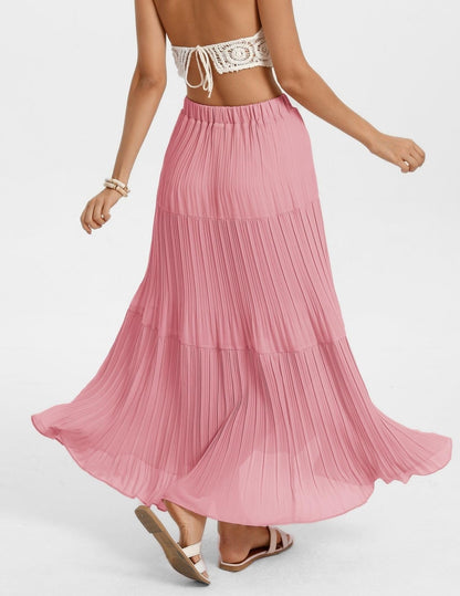 Kate Kasin 2026 Women's Chiffon Maxi Skirt, High Waist Pleated Skirts, Summer Flowy Long Skirts with Underskirt
