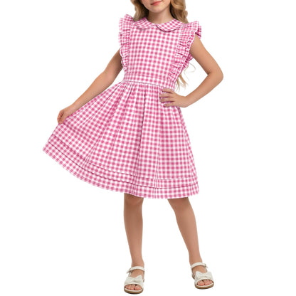 Xaatren Girls' Ruffle Sleeves Dress 5-14 Years Doll Collar Plaid Midi Length Gingham Flutter Pockets Summer Dress with Zipper