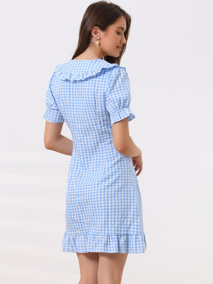Allegra K Women's Gingham Checks Ruffled Peter Pan Collar Cute Mini Dress