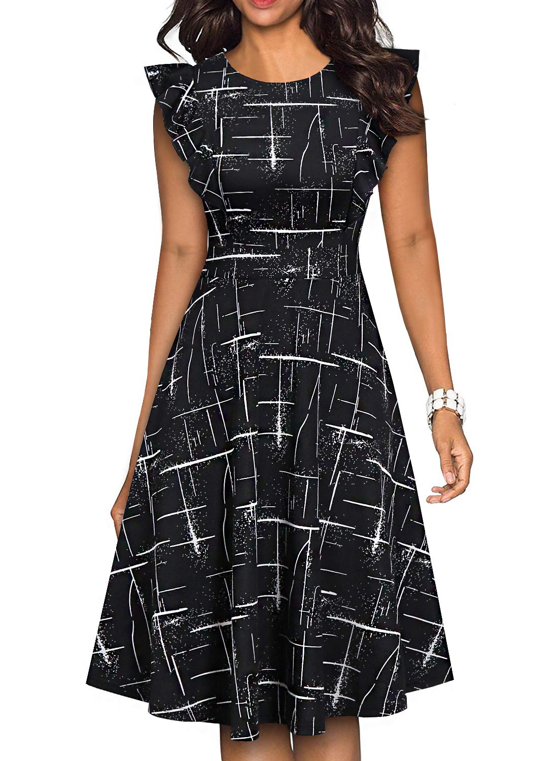 YATHON Women's Vintage Ruffle Floral Flared A Line Swing Casual Cocktail Party Dresses