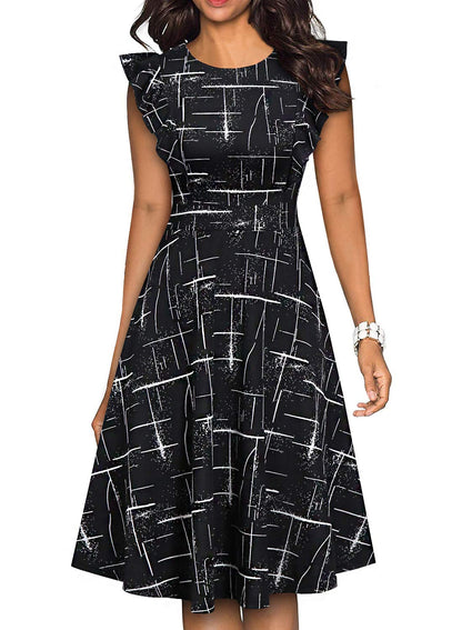 YATHON Women's Vintage Ruffle Floral Flared A Line Swing Casual Cocktail Party Dresses