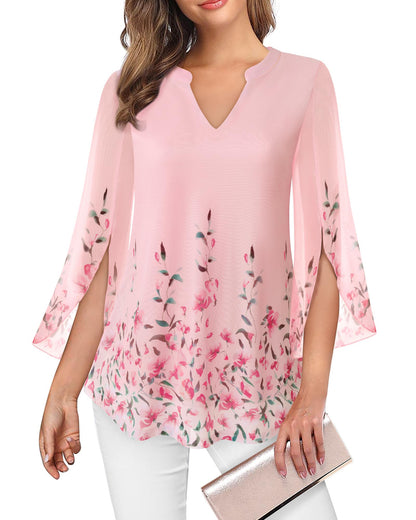 VALOLIA Women's 3/4 Sleeve Floral Tunic Tops V Neck Double Layers Loose Fit Mesh Blouses Shirt