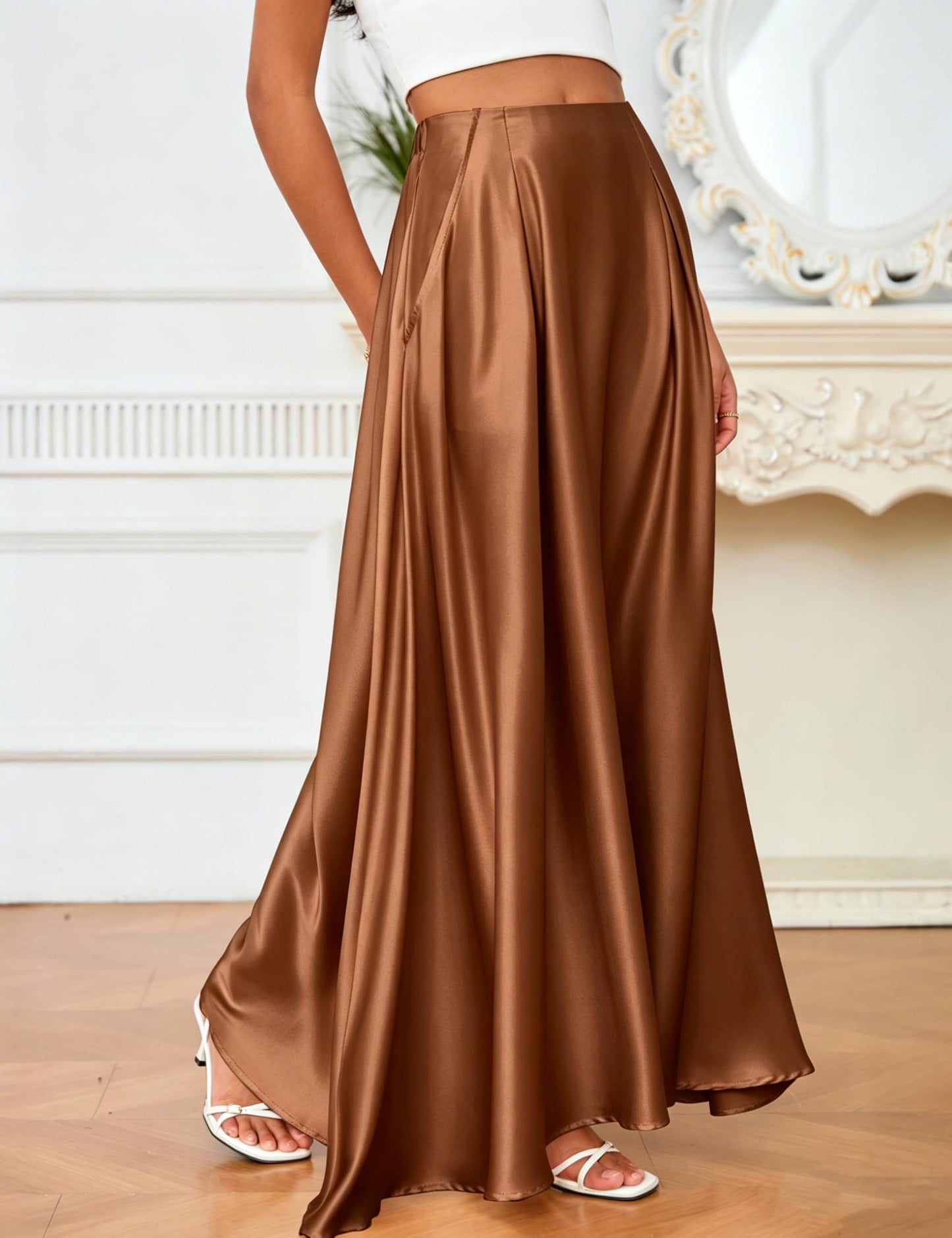 MAKABO Maxi Satin Skirts for Womens High Waisted Flowy Long A line Skirt Trendy for Office Holiday Party
