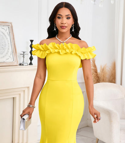 Cololura Sexy Floor-Length Off Shoulder Ruffles Stringy Selvedge Mermaid Bodycon Party Evening Maxi Dress