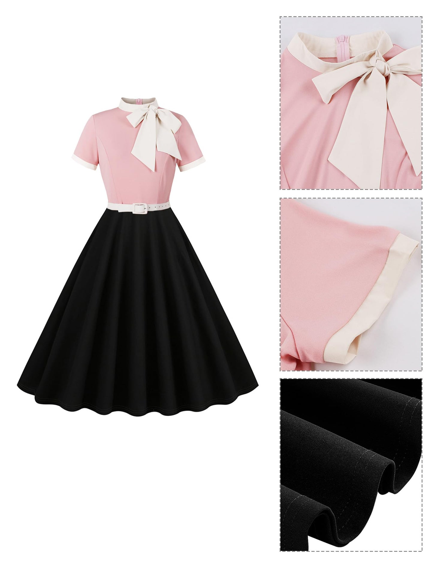 50s Style Dresses for Women Vintage Short Sleeve Tie Neck Swing Dress Midi Prom Dress with Belt