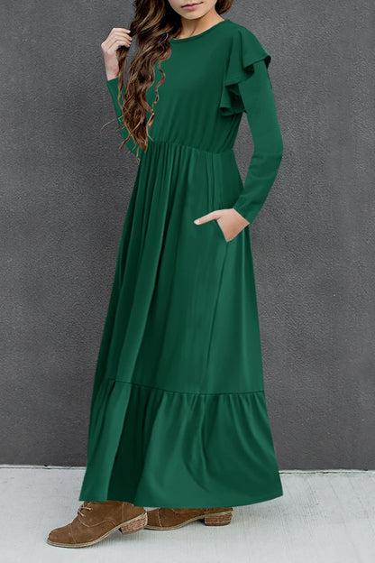 HOSIKA Girls Fall Ruffle Long Sleeve Crew Neck Loose Casual Flowy Tiered Maxi Dress with Pockets for 6-12 Y