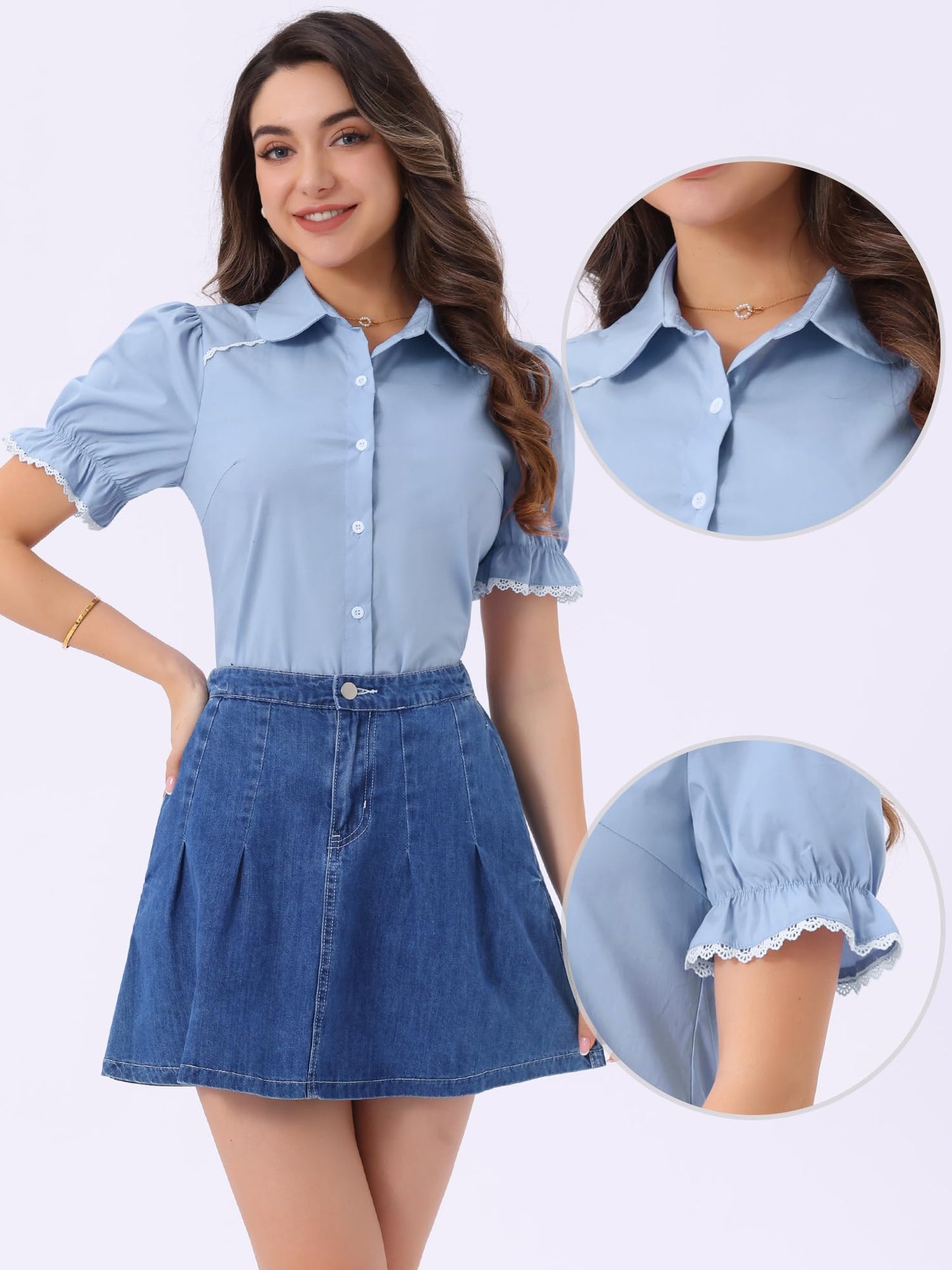 Allegra K Peter Pan Collar Shirt for Women Vintage Tops Puff Short Sleeve Button Down Retro Blouses 2026
