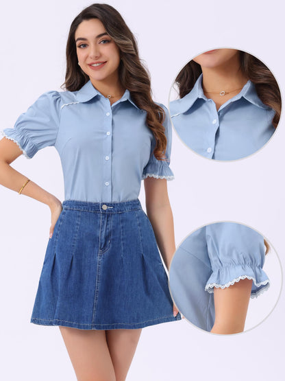 Allegra K Peter Pan Collar Shirt for Women Vintage Tops Puff Short Sleeve Button Down Retro Blouses 2026