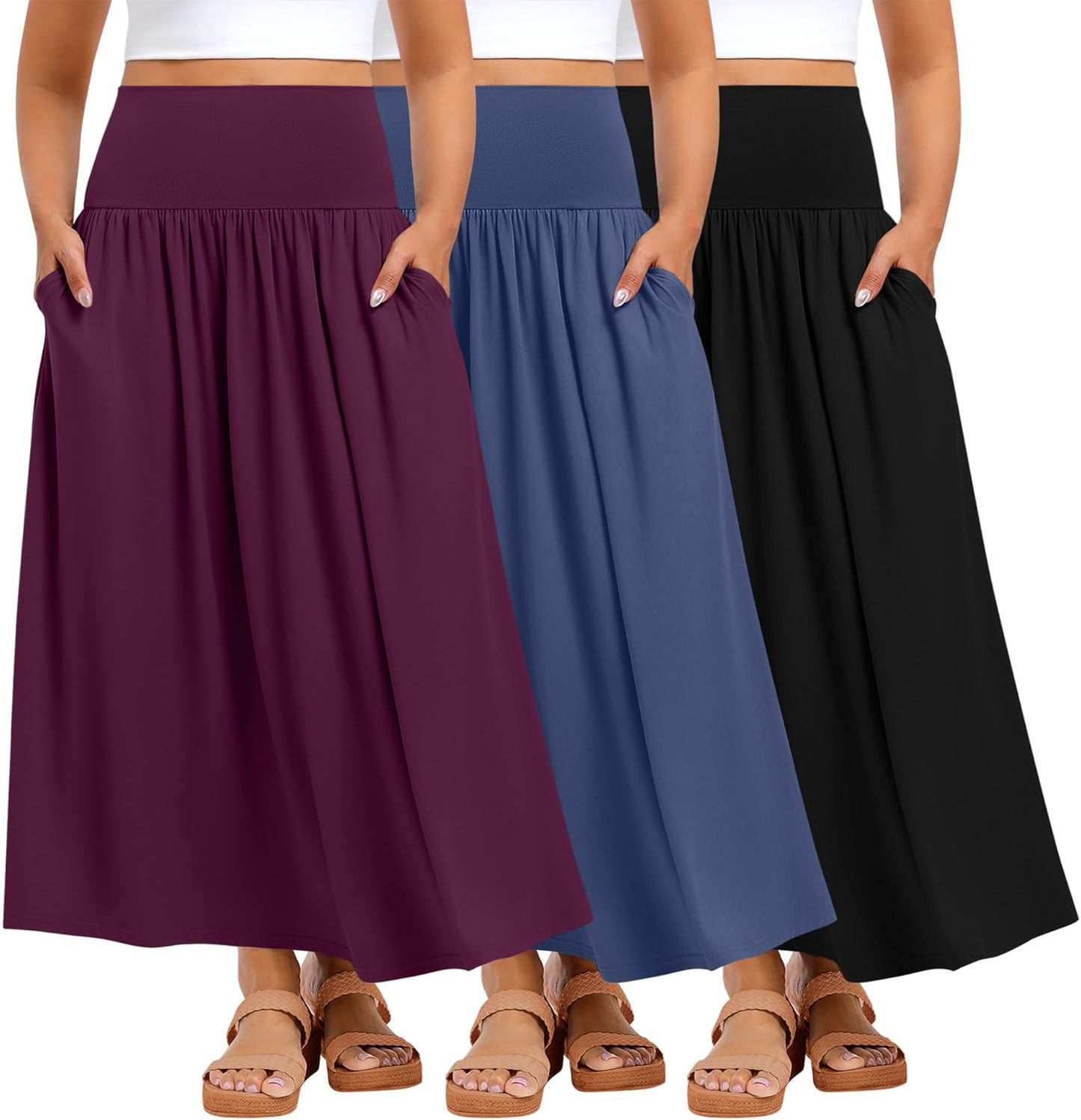 Ficerd 3 Pack Plus Size Maxi Skirts for Curvy Women Pockets Casual 2026 Boho Summer Flowy Long Skirt a Line High Waist Dress