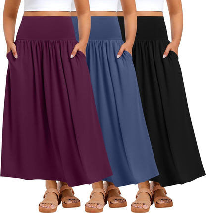 Ficerd 3 Pack Plus Size Maxi Skirts for Curvy Women Pockets Casual 2026 Boho Summer Flowy Long Skirt a Line High Waist Dress