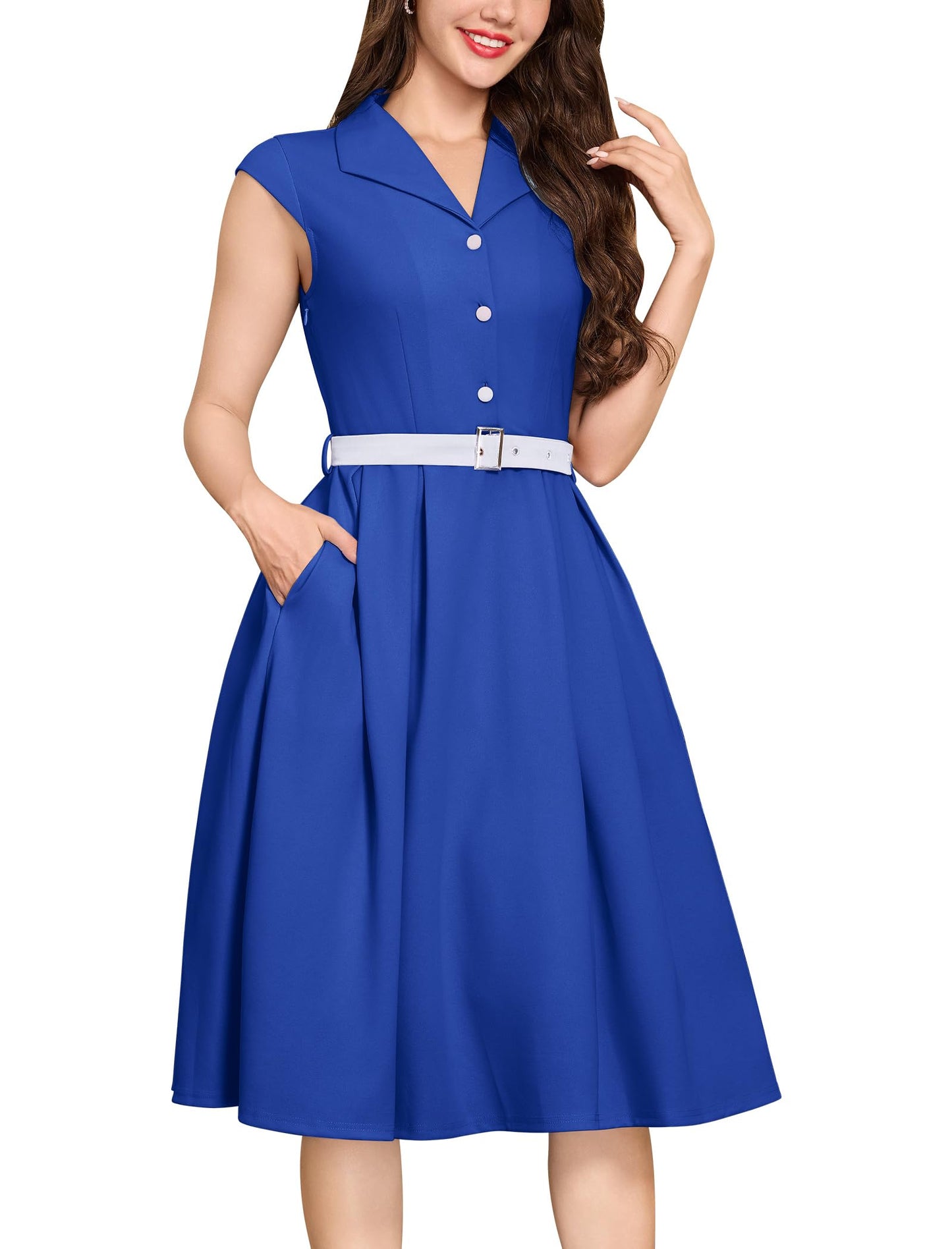 Women's 1950s Retro Dress Sleeveless Cocktail Prom Swing Midi Belt Dresses with Pockets Vintage Style