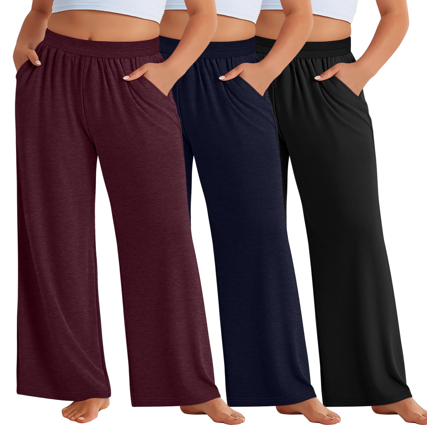 Evervibe 3 Pack Women Plus Size Wide Leg Pants Loose Fit Palazzo Lounge Yoga Sweatpants High Waist Casual Pajamas Pants