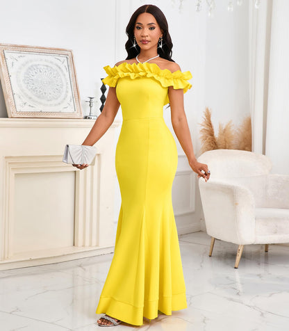 Cololura Sexy Floor-Length Off Shoulder Ruffles Stringy Selvedge Mermaid Bodycon Party Evening Maxi Dress
