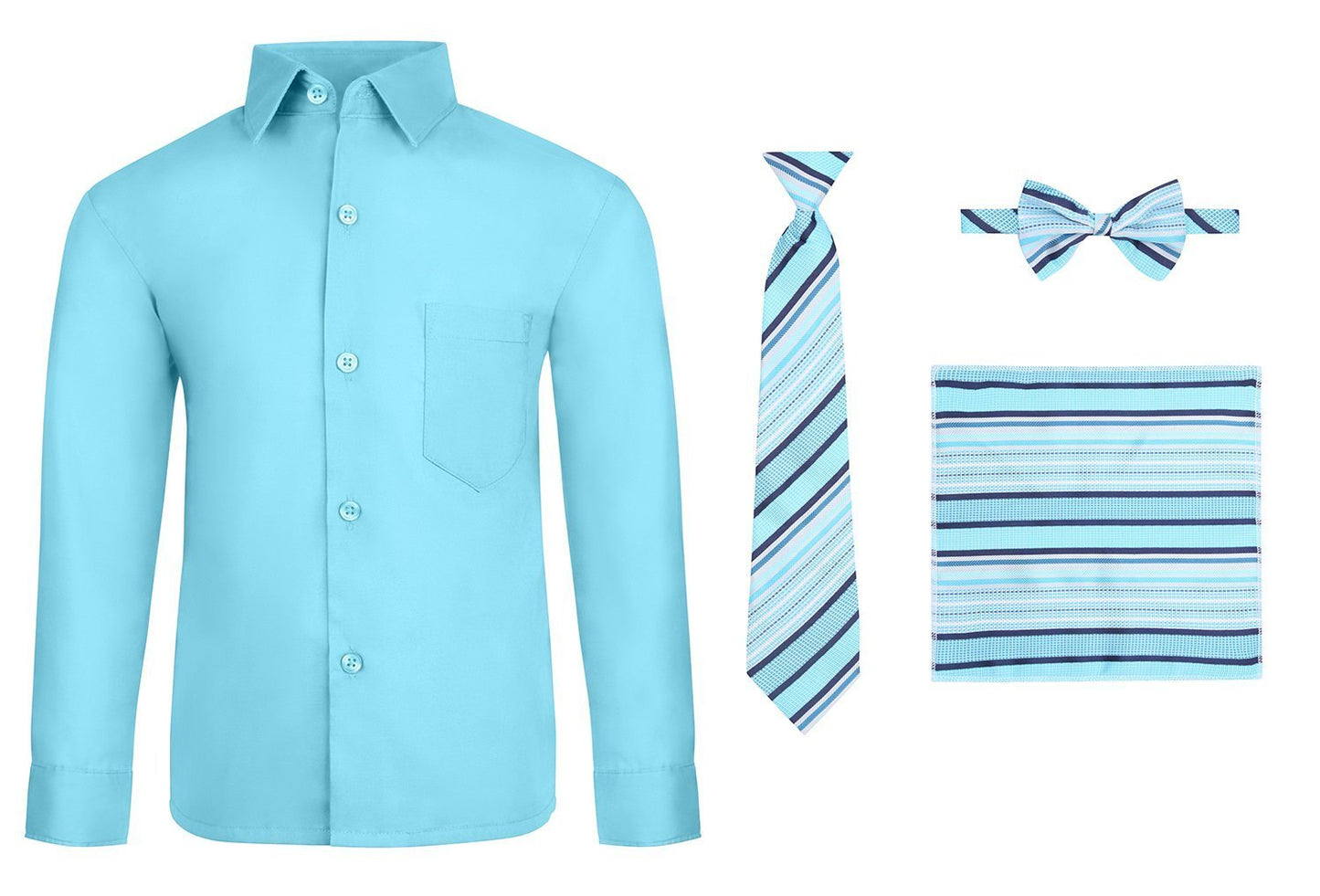 S.H. Churchill & Co. Boy's 4 Piece Dress Shirt Set with Long Tie, Bow Tie and Hanky