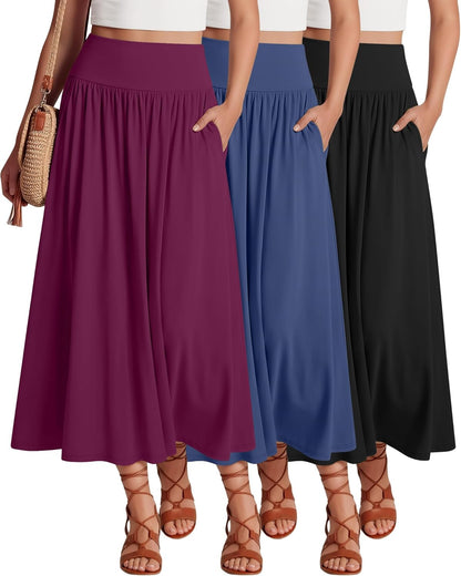 Ficerd 3 Pack Maxi Long Skirts for Women, Ankle Length High Waisted Pleated Flowy a Line Summer Casual Skirts with Pockets