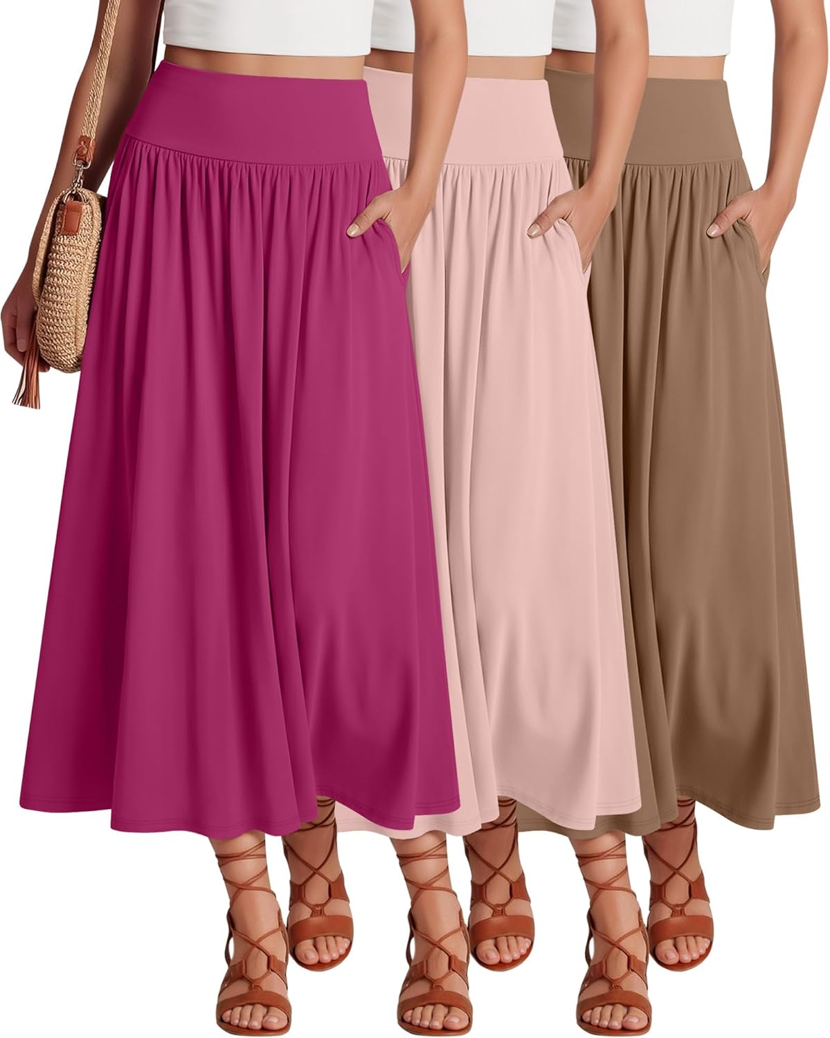 Ficerd 3 Pack Maxi Long Skirts for Women, Ankle Length High Waisted Pleated Flowy a Line Summer Casual Skirts with Pockets
