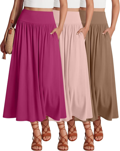 Ficerd 3 Pack Maxi Long Skirts for Women, Ankle Length High Waisted Pleated Flowy a Line Summer Casual Skirts with Pockets