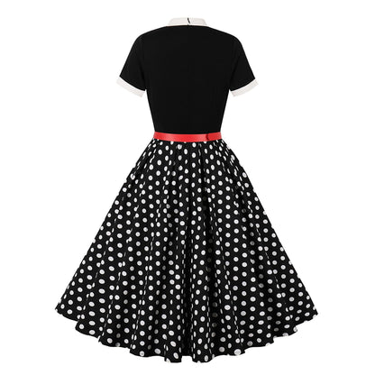 50s Style Dresses for Women Vintage Short Sleeve Tie Neck Swing Dress Midi Prom Dress with Belt