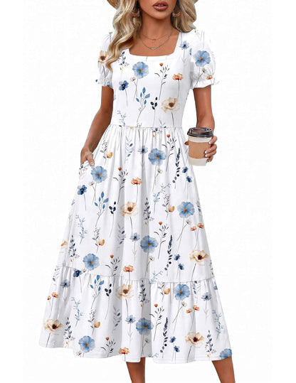 Zeagoo Summer Dresses for Women Flowy Casual Midi Dress Short Sleeve Tiered Dress Beach Vacation Sundresses with Pockets