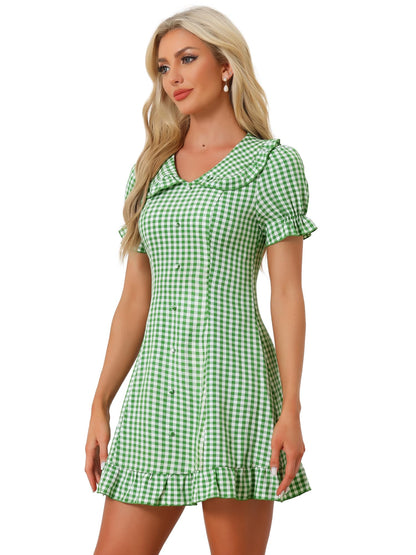 Allegra K Women's Gingham Checks Ruffled Peter Pan Collar Cute Mini Dress