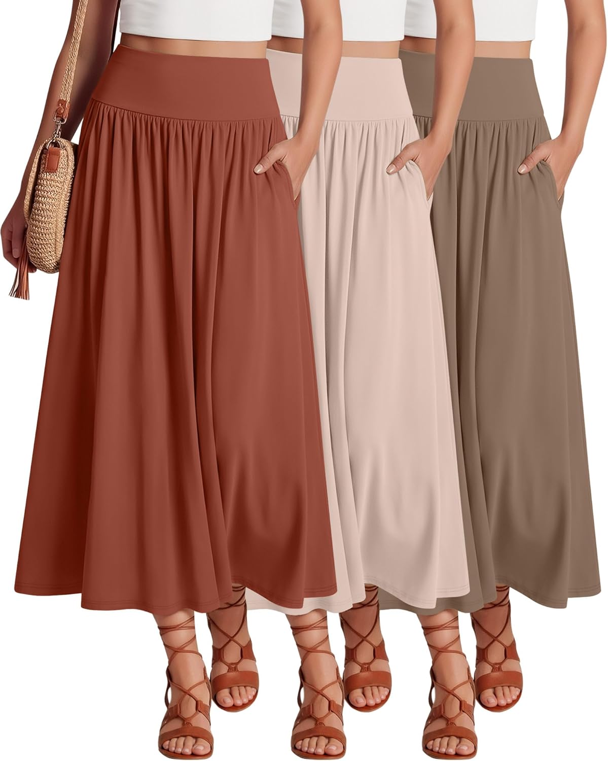 Ficerd 3 Pack Maxi Long Skirts for Women, Ankle Length High Waisted Pleated Flowy a Line Summer Casual Skirts with Pockets