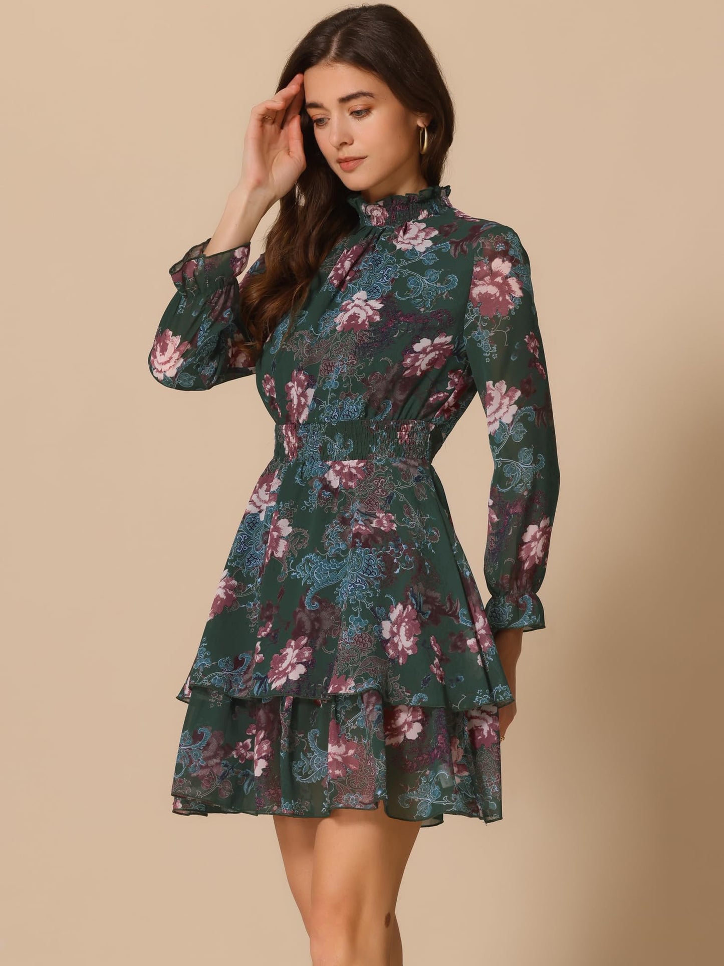 Allegra K Women's Floral Dress Chiffon Long Sleeve Mock Neck Ruffle Layered Smocked Mini Dresses