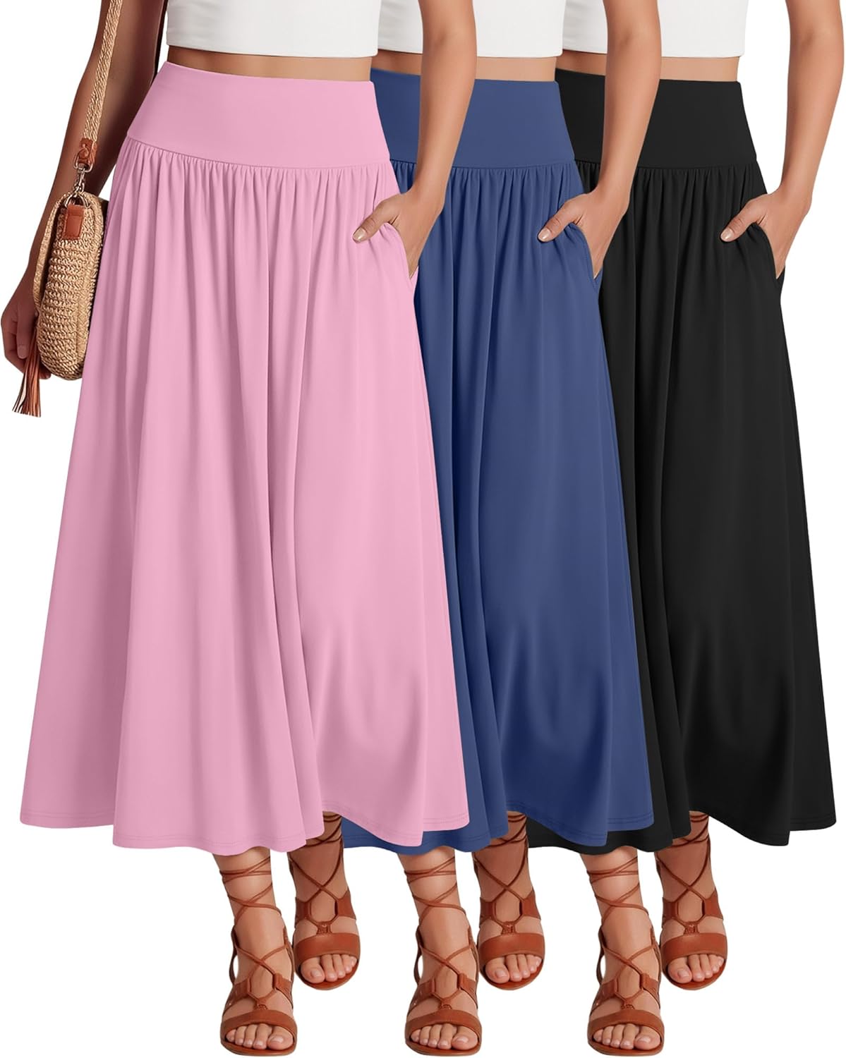Ficerd 3 Pack Maxi Long Skirts for Women, Ankle Length High Waisted Pleated Flowy a Line Summer Casual Skirts with Pockets