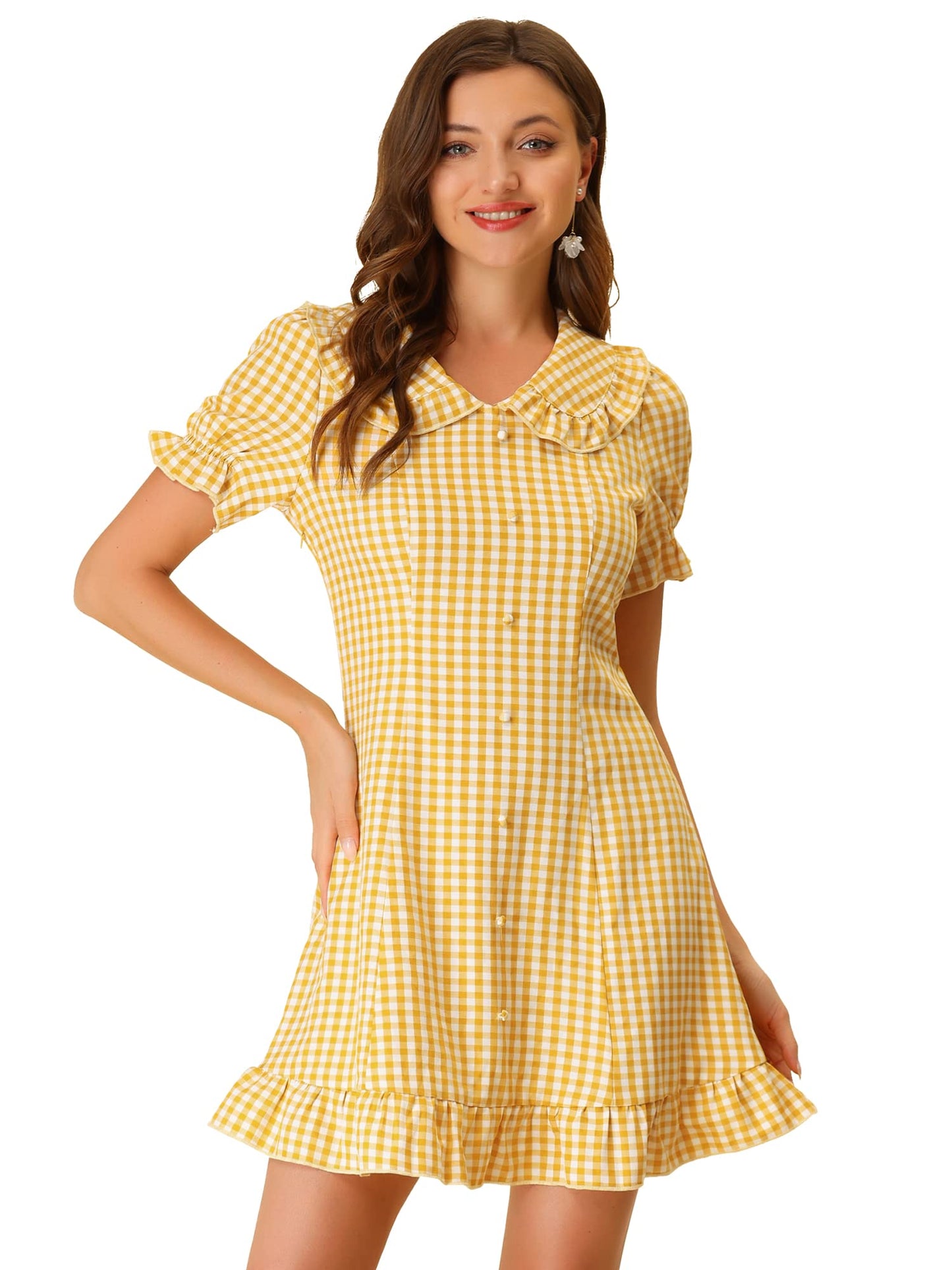 Allegra K Women's Gingham Checks Ruffled Peter Pan Collar Cute Mini Dress