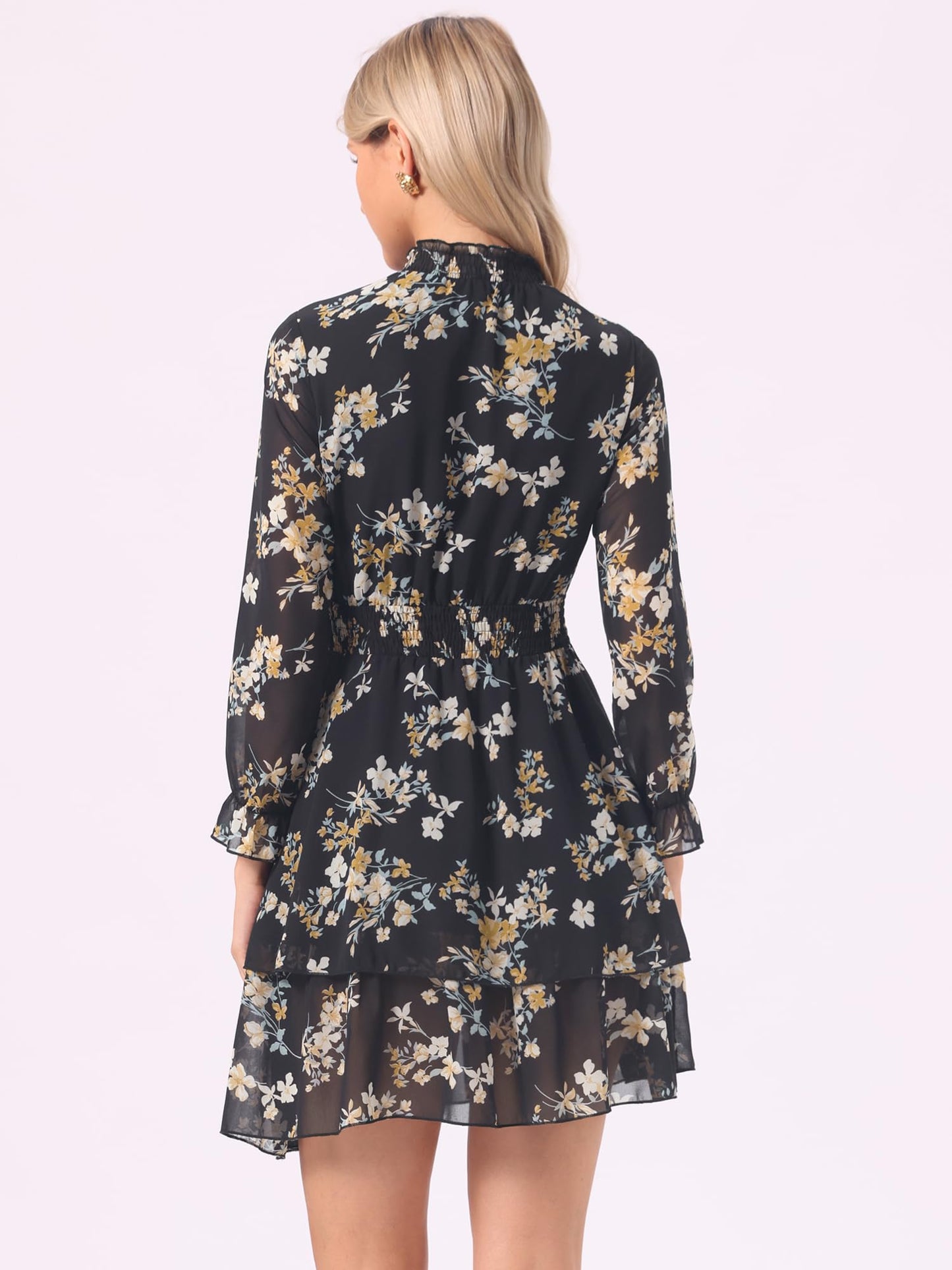 Allegra K Women's Floral Dress Chiffon Long Sleeve Mock Neck Ruffle Layered Smocked Mini Dresses