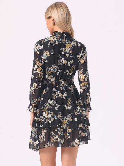 Allegra K Women's Floral Dress Chiffon Long Sleeve Mock Neck Ruffle Layered Smocked Mini Dresses