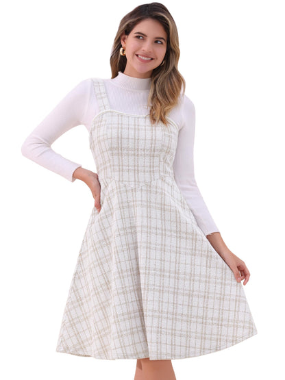 Allegra K Tweed Dress for Women Sleeveless Square Neck Plaid A-Line Pinafore Overall Dresses