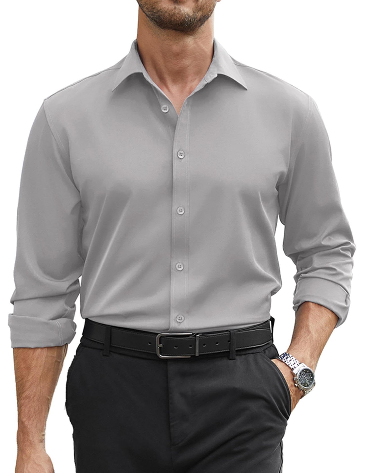 COOFANDY Mens Stretch Dress Shirts Long Sleeve Button Down Shirt Regular Fit Formal Business Wedding Shirts