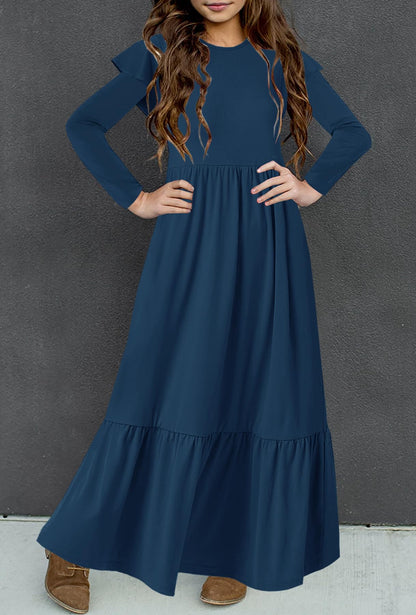 HOSIKA Girls Fall Ruffle Long Sleeve Crew Neck Loose Casual Flowy Tiered Maxi Dress with Pockets for 6-12 Y