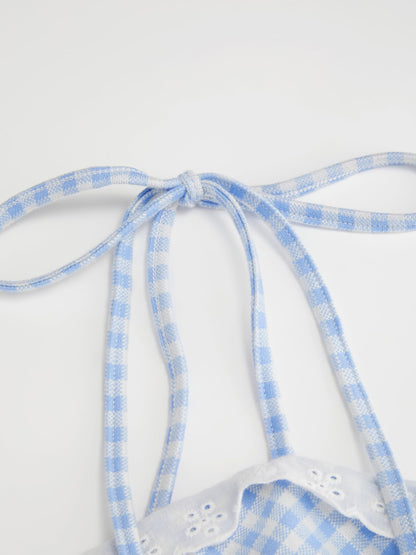 CIDER Womens Summer Gingham Dress Plaid Tie Spaghetti Strap Sleeveless Lace Trim Cute A Line Casual Mini Dresses Sundress