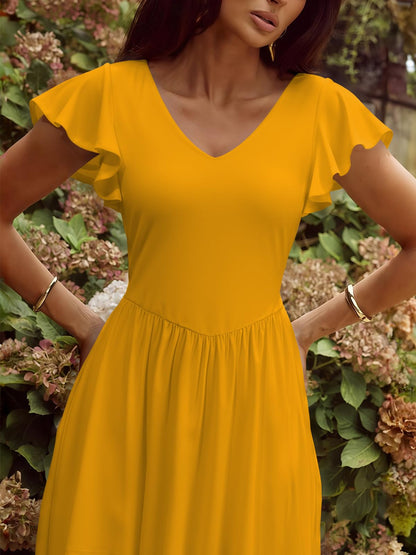 YUNDAI Women's Scoop Neck Flutter Sleeve Midi Dress with Pocket Elegant Flowy A Line Tie Back Dress