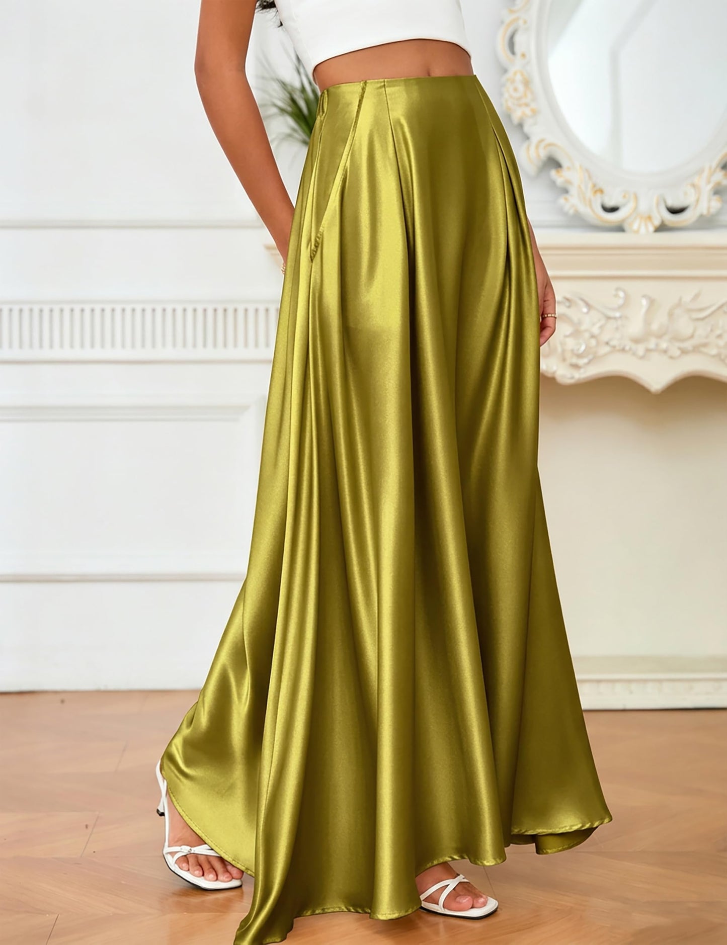 MAKABO Maxi Satin Skirts for Womens High Waisted Flowy Long A line Skirt Trendy for Office Holiday Party