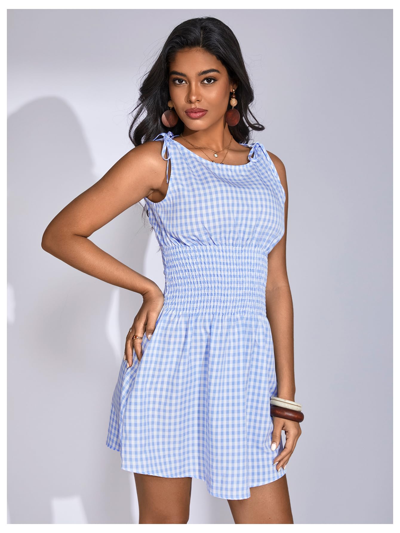 Floerns Women's Tie Shoulder A Line Gingham Dress Boat Neck Mini Checkered Elegant Dresses