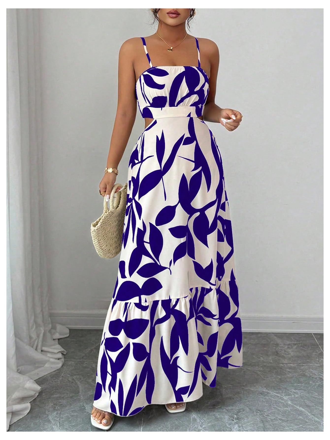 OYOANGLE Women's Cut Out Floral Print Tropical Maxi Cami Dress Ruffle Flowy Summer Vacation Spaghetti Strap Sundress
