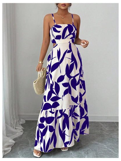 OYOANGLE Women's Cut Out Floral Print Tropical Maxi Cami Dress Ruffle Flowy Summer Vacation Spaghetti Strap Sundress